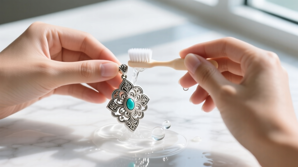 Hands gently brushing a handmade Thai sterling silver pendant with a soft baby toothbrush and mild soapy water.