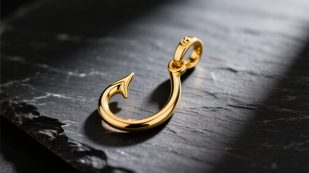 Polished 14k yellow gold fish hook pendant on dark slate, lit by warm light highlighting the curved metal texture and bright shine