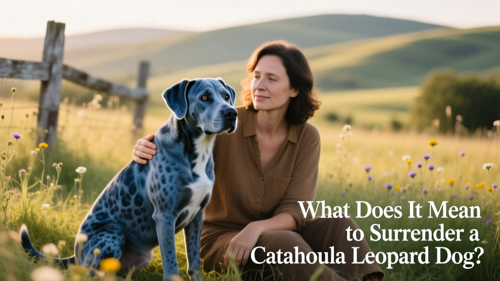 A calm, well-groomed Catahoula Leopard Dog sitting beside a person in a quiet outdoor setting