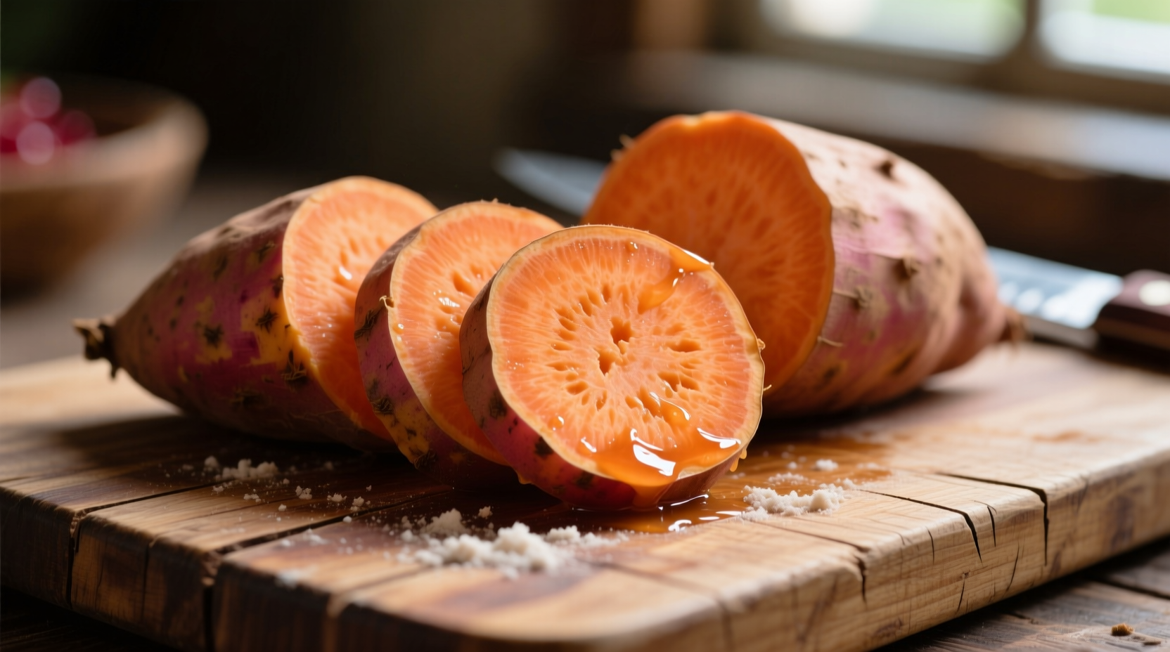 Garnet sweet potatoes with vibrant orange flesh on wooden cutting board