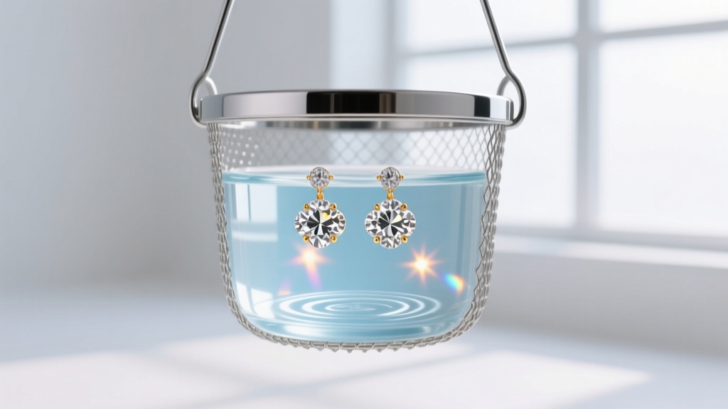 Ultrasonic cleaner basket holding cloudy diamond earrings submerged in a gentle, professional ammoniated cleaning solution.