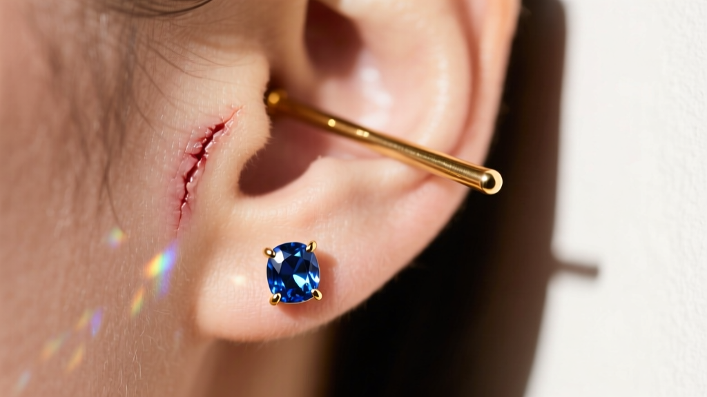 Healed cartilage piercing showing a 16-gauge 14k gold rod earring with a bezel-set sapphire gem catching soft window light.