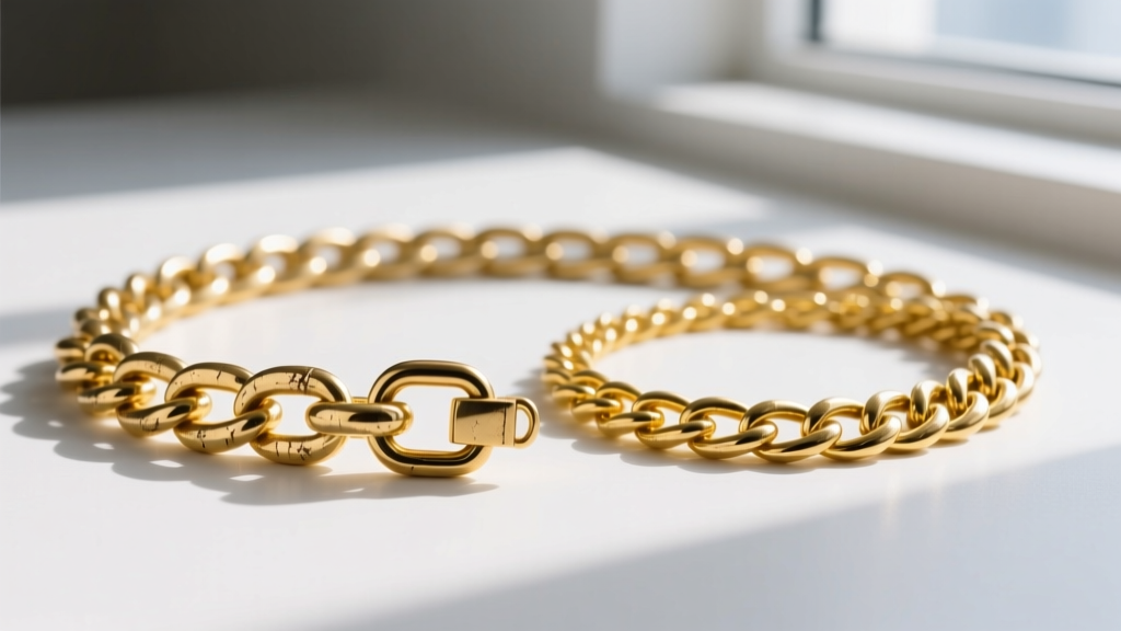 Macro shot of a 24-inch gold vermeil chain showing slight clasp wear, placed next to a pristine solid 14k yellow gold chain.
