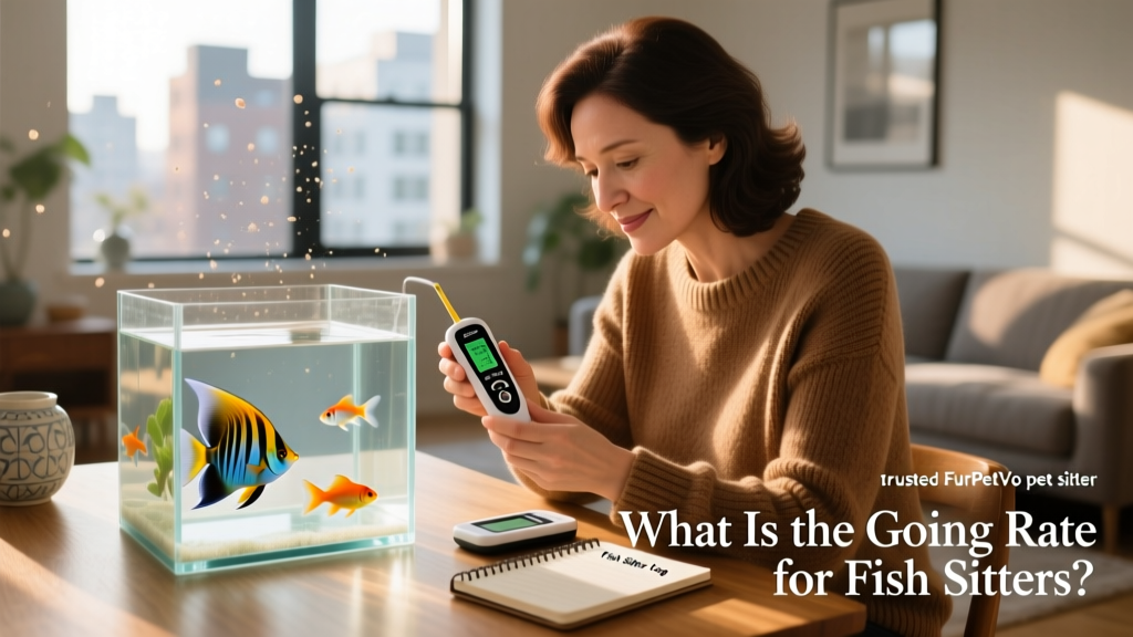 A trusted FurPetVo sitter carefully testing aquarium water parameters with a digital test kit