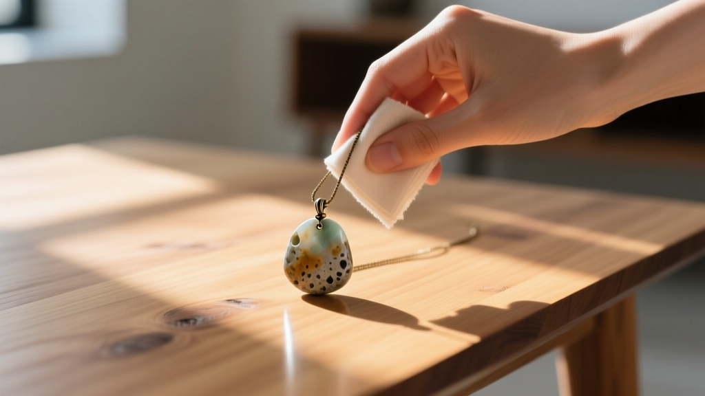 A person gently wiping a dried mood necklace pendant with a microfiber cloth, avoiding the porous back, on a bright wooden table.