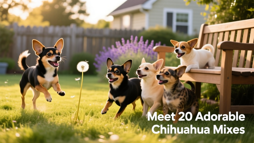 A playful group of small mixed-breed dogs, including several Chihuahua crosses, interacting on a sunlit grassy yard
