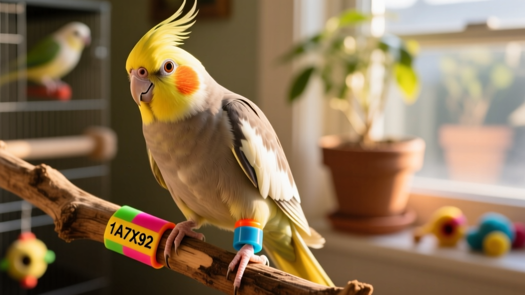 Close-up photo of a cockatiel with a colorful plastic leg band