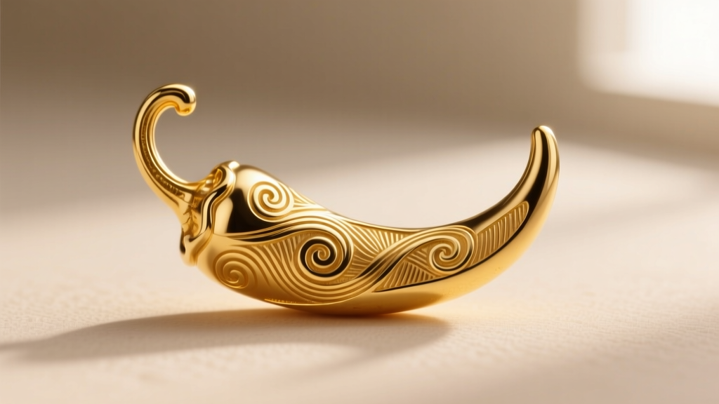 Macro shot of an 18k yellow gold peperoncino pendant showing intricate engraving and a secure soldered bail attachment point.