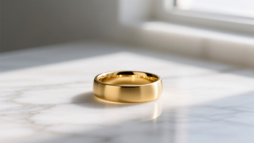 Minimalist 14k yellow gold purity ring with a brushed finish resting on white marble, bathed in soft natural morning light