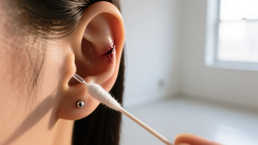 Close-up of a cotton swab applying sterile saline to a healed earlobe piercing, illuminated by soft warm lighting in a clean room.