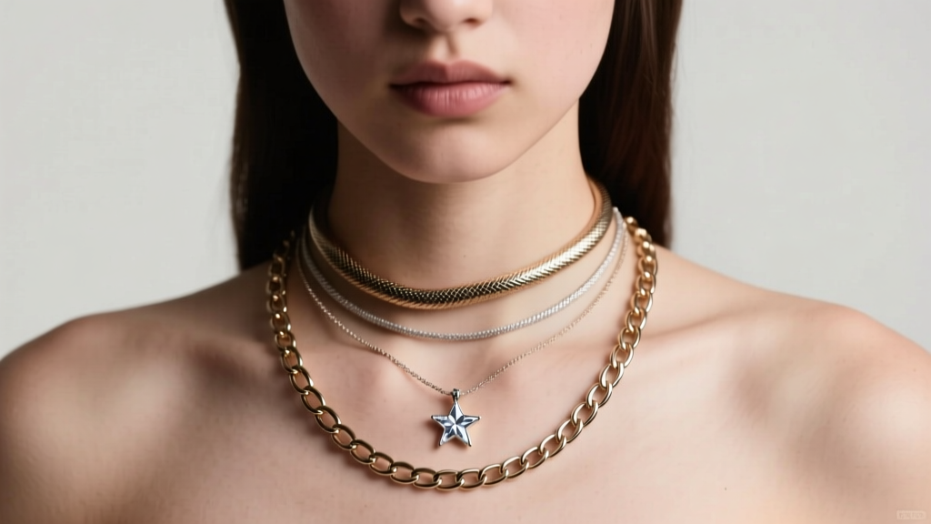 Teen model wearing a layered necklace stack featuring a 16-inch snake chain and an 18-inch rolo chain with a small star pendant.