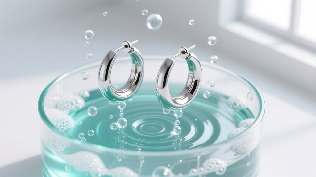 Overhead view of an ultrasonic cleaner vibrating silver hoop earrings in soapy water, with tiny bubbles surrounding the metal.