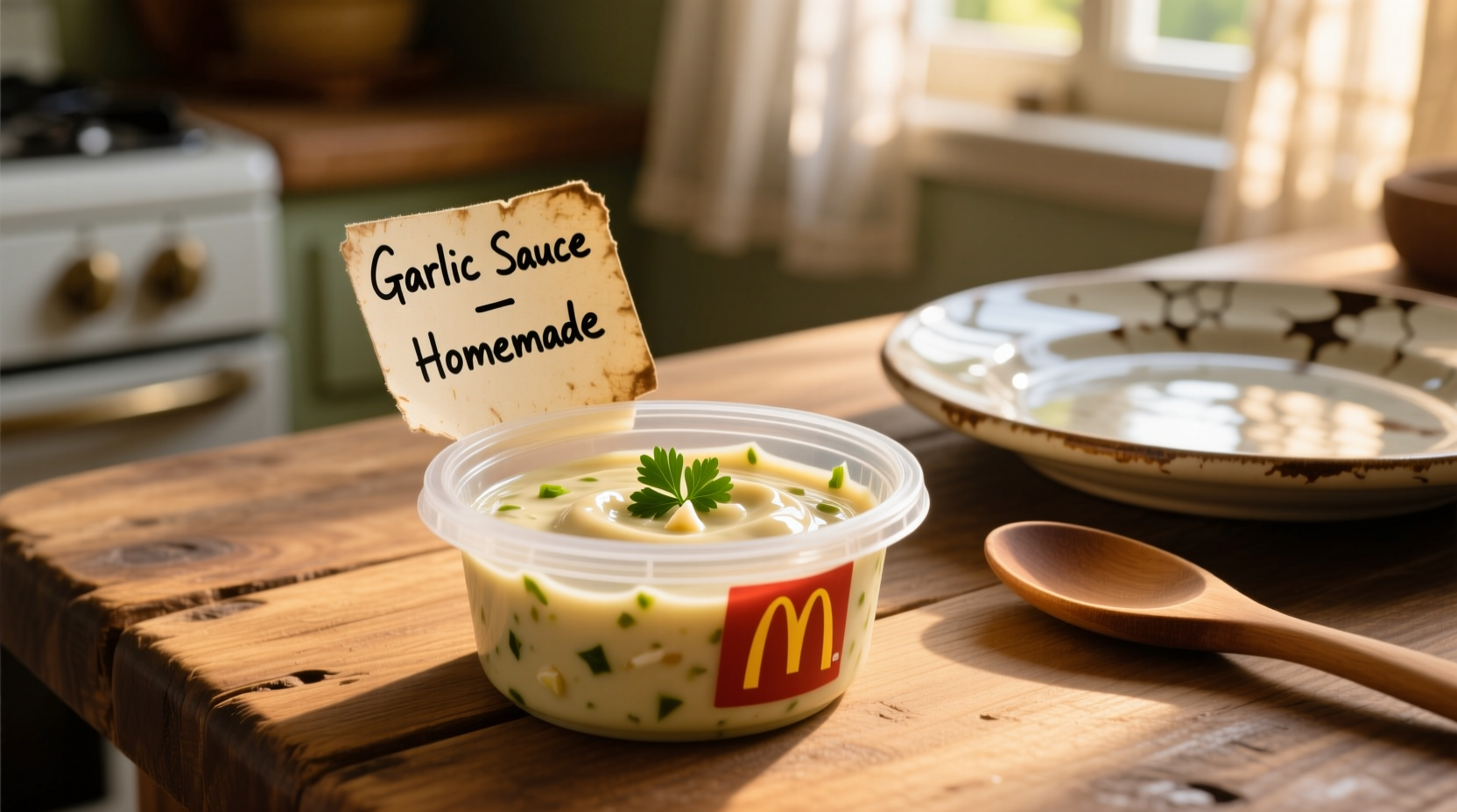 Homemade McDonald's garlic sauce in dipping container