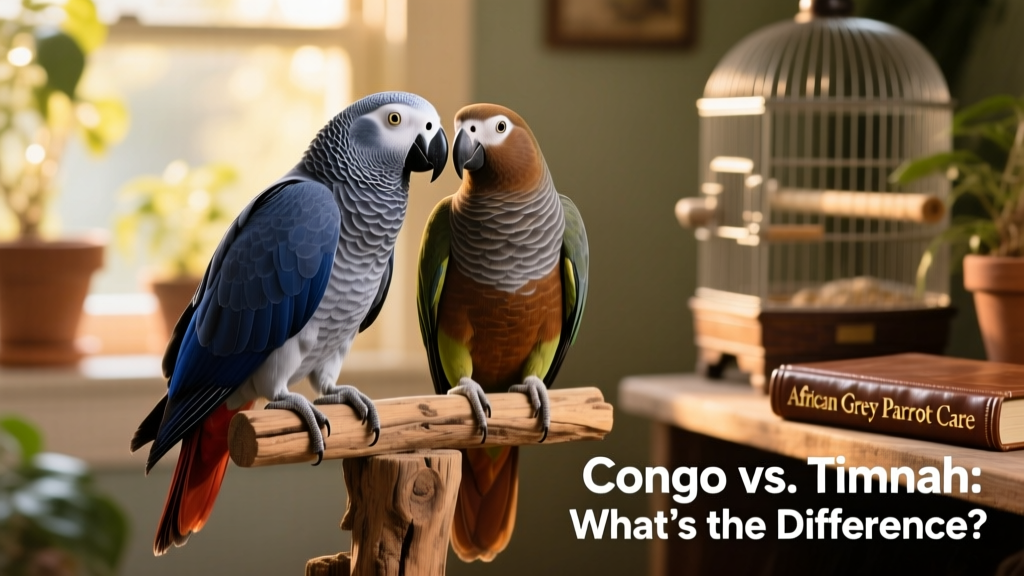 A bonded pair of African greys—one Congo, one Timneh—perched side by side on a natural wood stand