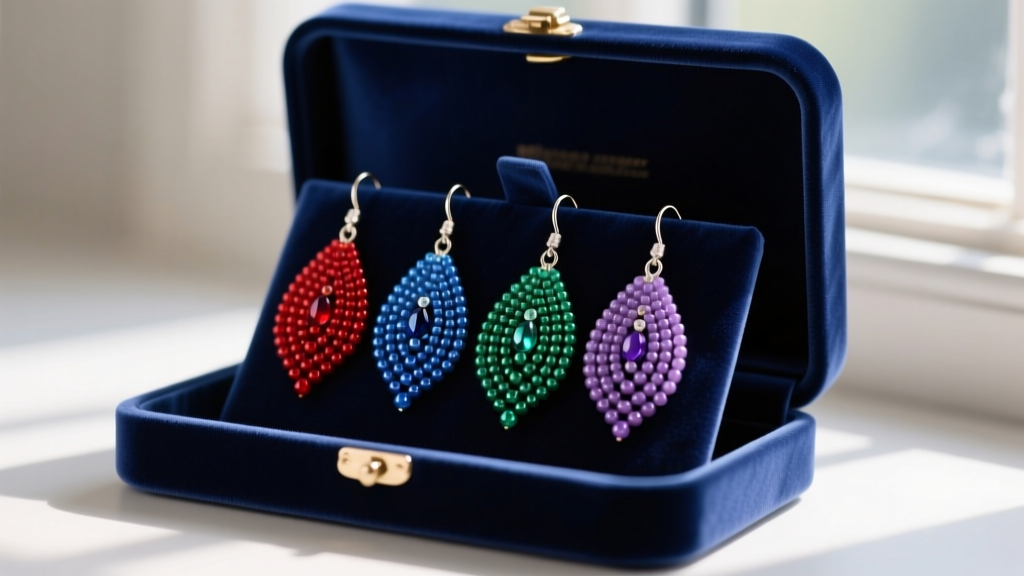 Open velvet jewelry box displaying colorful seed bead teardrop earrings neatly hung on individual anti-tarnish hooks in soft light