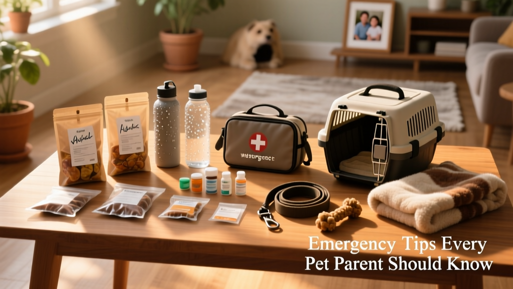 A neatly organized, waterproof pet emergency kit containing labeled food bags, water bottles, medications, a carrier, leash, and comfort items