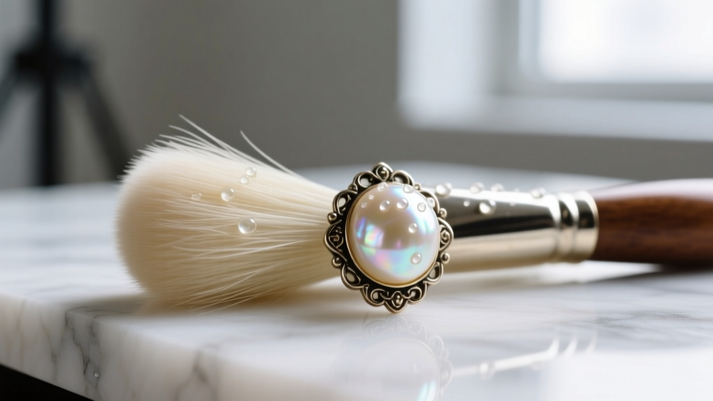 Soft horsehair brush gently cleaning a vintage Bogoff faux pearl earring with distilled water, avoiding harsh chemicals