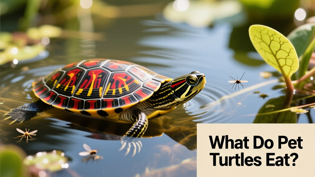 A painted turtle swimming near aquatic plants and small insects in clear pond water