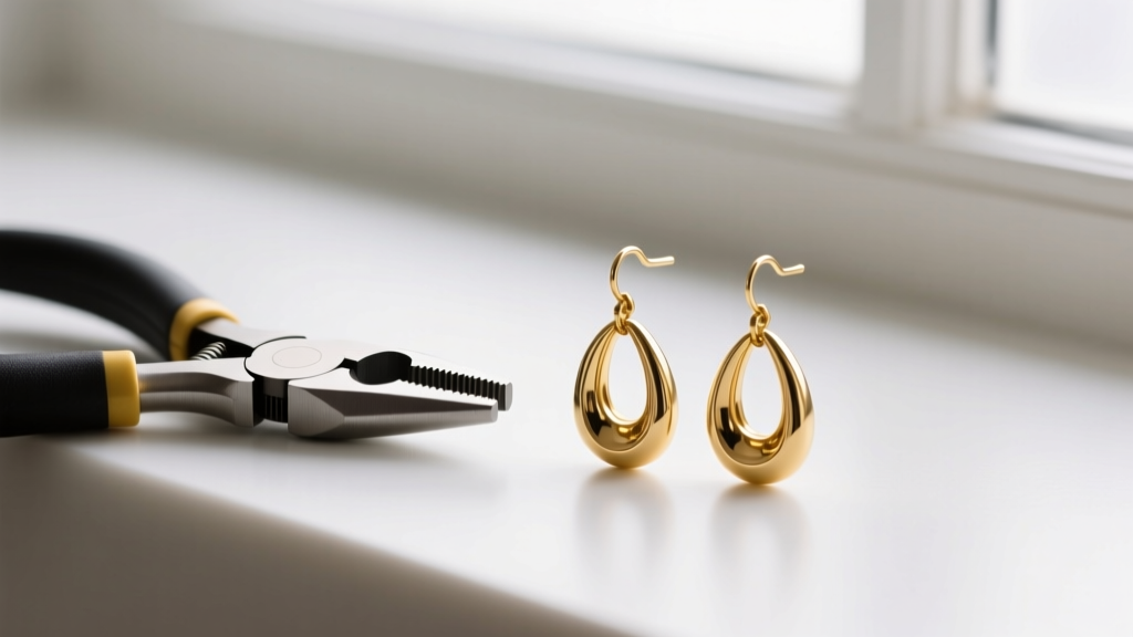 High-quality flush cutters and nylon-jaw pliers resting beside a pair of finished 14k gold-filled leverback drop earrings.