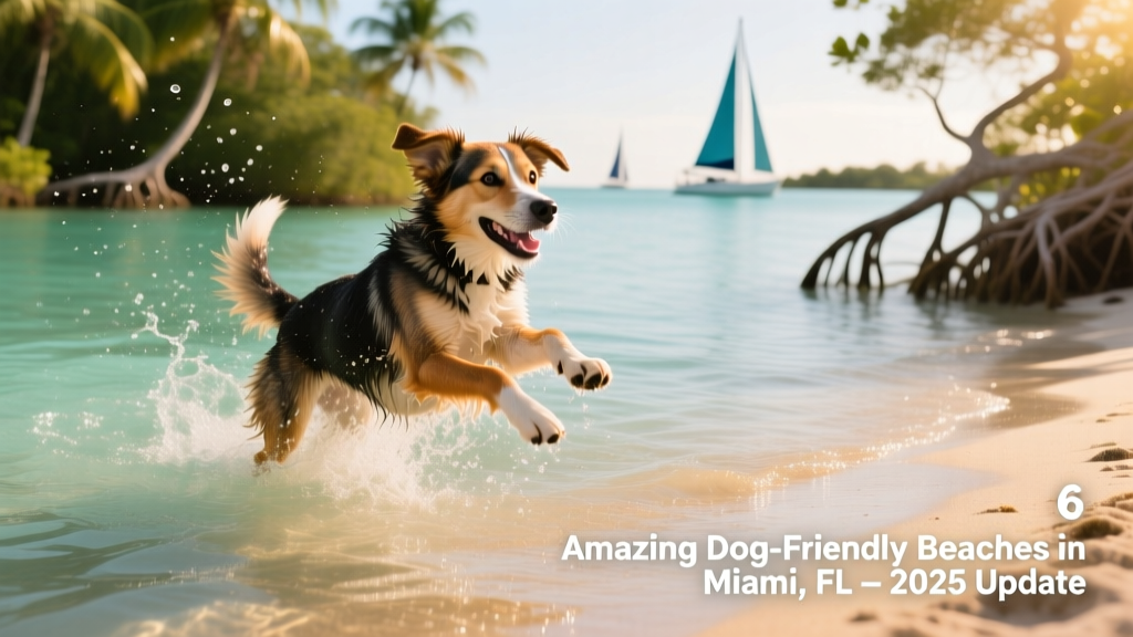 A mixed-breed dog happily splashing in shallow turquoise water at Matheson Hammock Park's lagoon-style beach