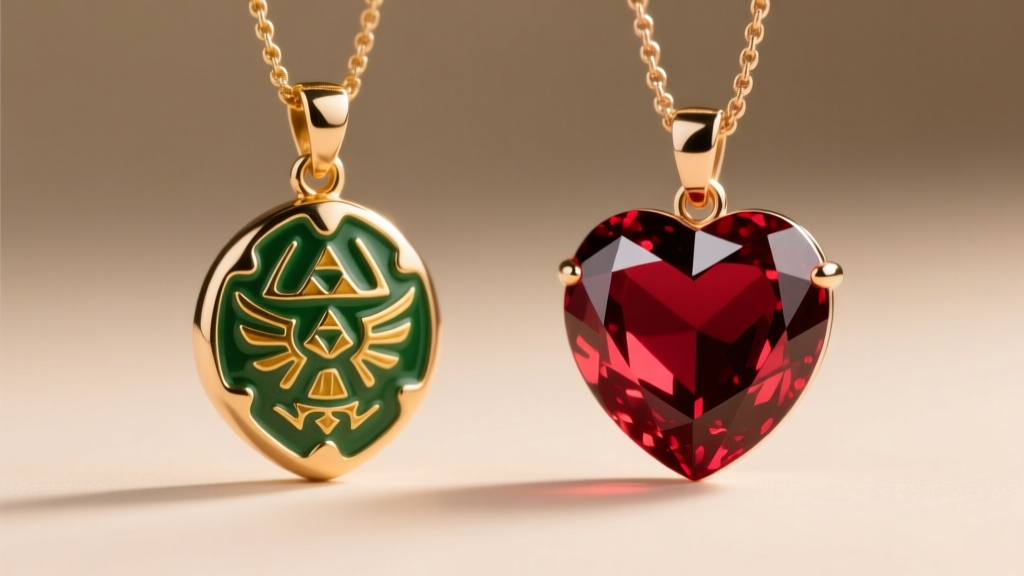 Macro comparison of a soft enamel brass Zelda pendant and a faceted red garnet gemstone heart pendant under warm studio lighting.