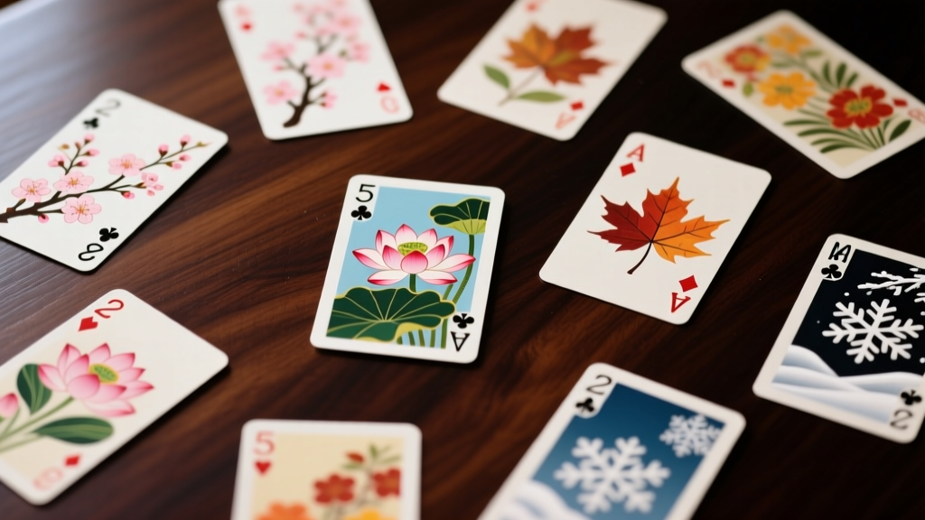 Traditional Japanese Hanafuda playing cards scattered on dark wood, displaying vibrant floral illustrations and seasonal motifs.