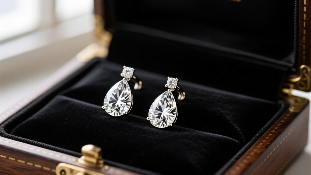 18k white gold teardrop diamond earrings resting on dark velvet in an open jewelry box, softly lit for a luxury gift