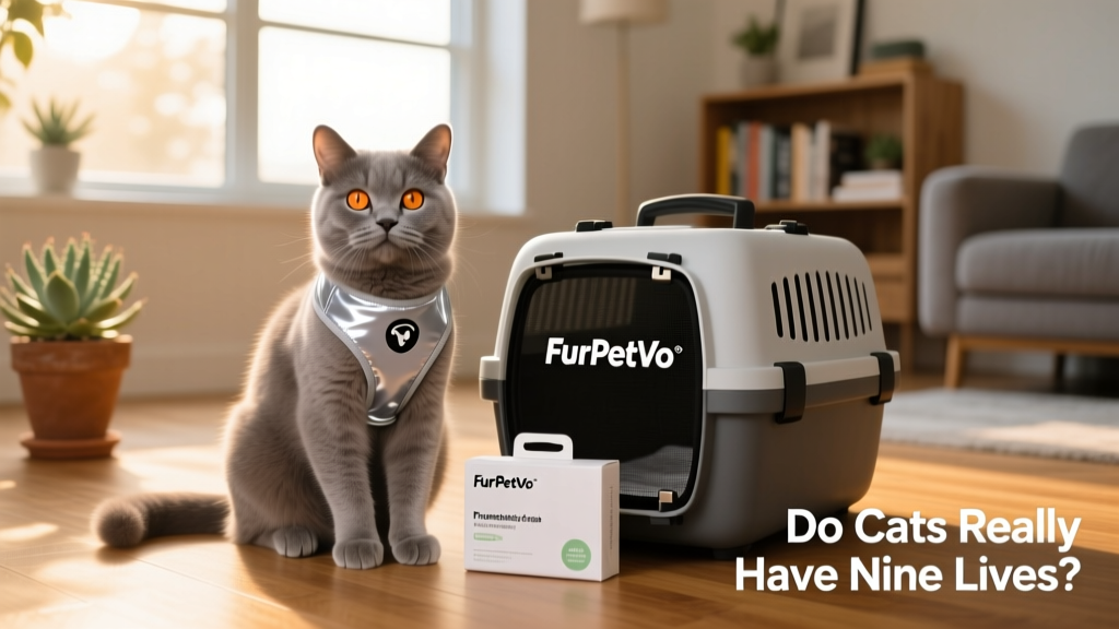 A calm, well-cared-for cat wearing a soft reflective harness while sitting beside a FurPetVo-branded carrier and preventative care kit