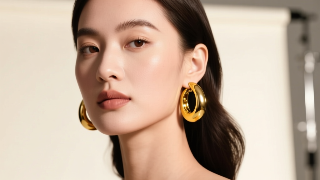 Editorial fashion portrait of a woman wearing polished 20mm 14k yellow gold hoop earrings, soft studio lighting highlighting the metal reflection