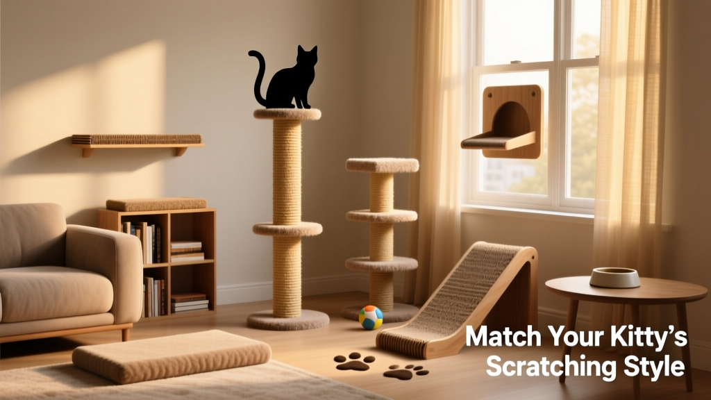 Five different FurPetVo scratchers placed strategically around a living room: horizontal pad, inclined ramp, tall sisal post, carpeted tower, and window-mounted board