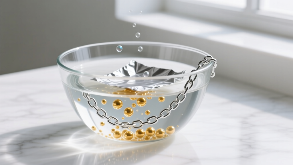 Clear glass bowl with foil and hot water showing a submerged silver chain bubbling during a galvanic jewelry cleaning reaction