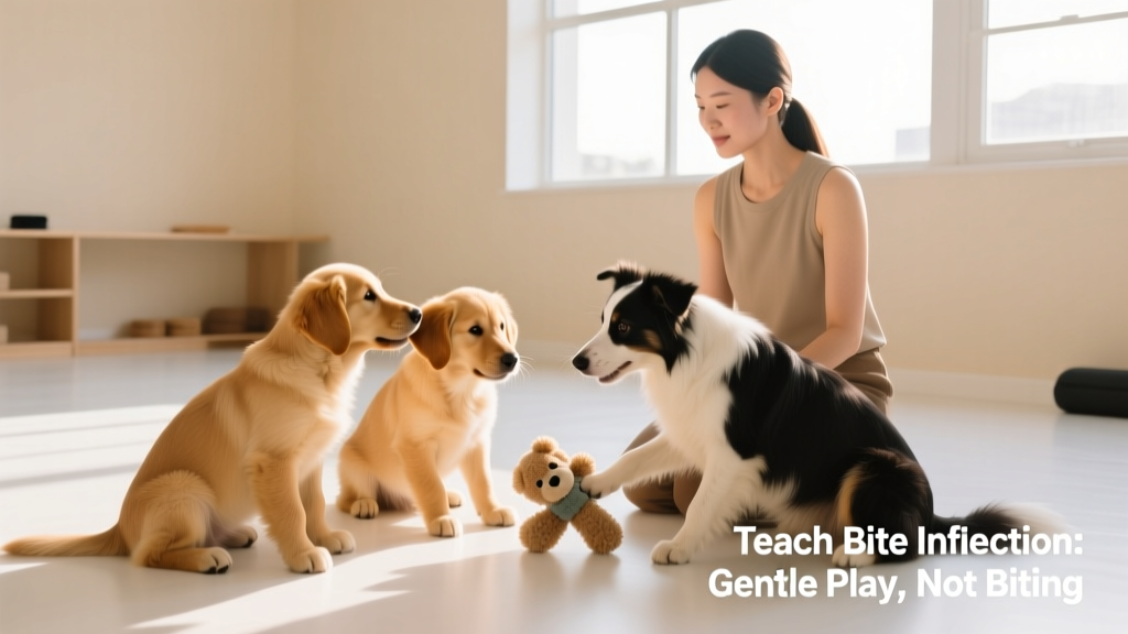 A small group of puppies playing together under supervision in a bright, clean training space