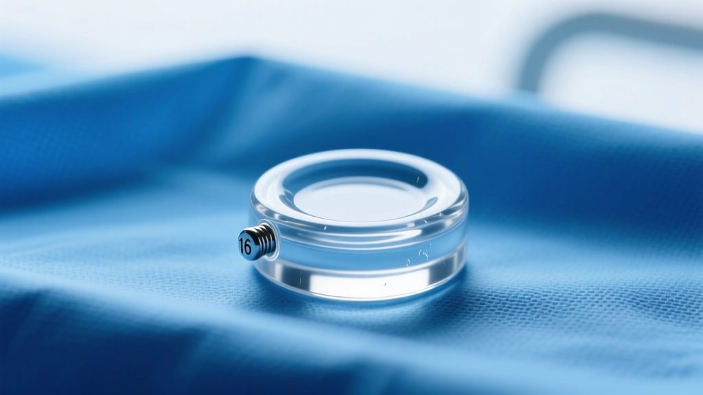 Macro shot of a 16-gauge clear glass ear retainer with flat disc backing on a blue surgical drape under bright clinical lighting