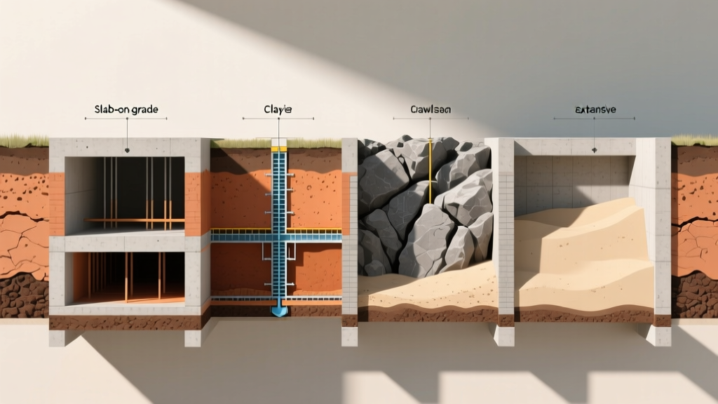 Architectural cross-section comparing slab, crawlspace, basement, and pier foundation systems in varied soil profiles