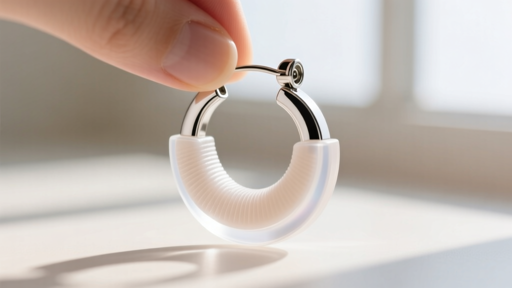 Macro shot of a clear silicone cushion pad being placed onto a silver clip-on hoop earring backing, bright neutral background.