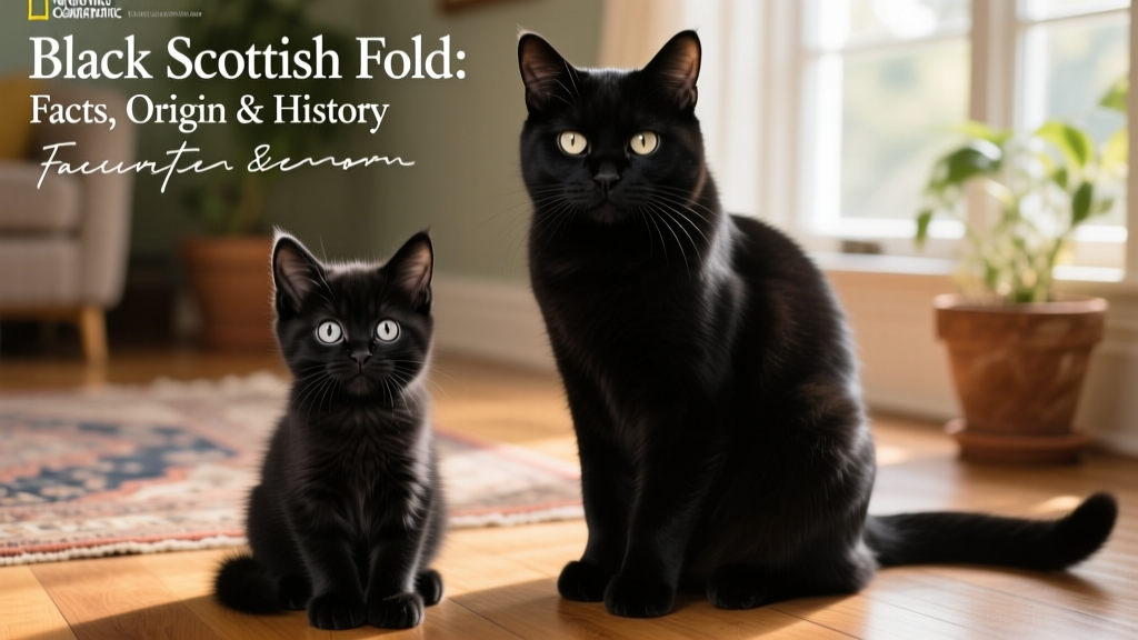 Side-by-side comparison showing a black Scottish Fold kitten next to an adult, highlighting coat texture and ear development
