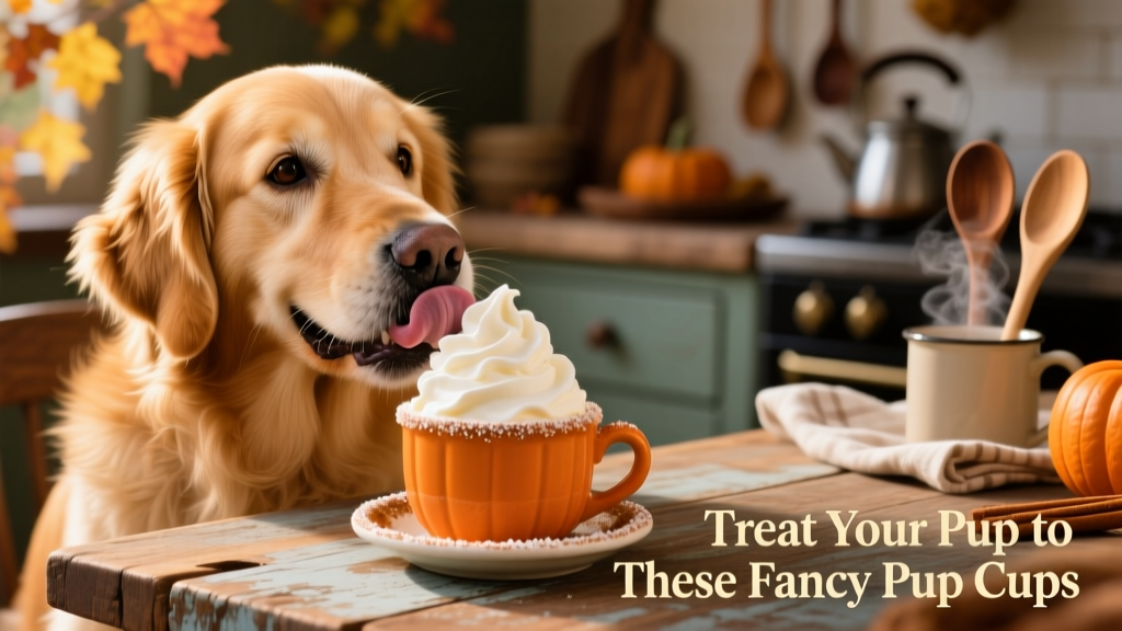 A golden retriever happily licking whipped cream from a small cup on a rustic wooden table