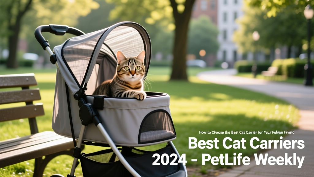A lightweight cat stroller with mesh canopy parked beside a grassy park bench, cat visible inside