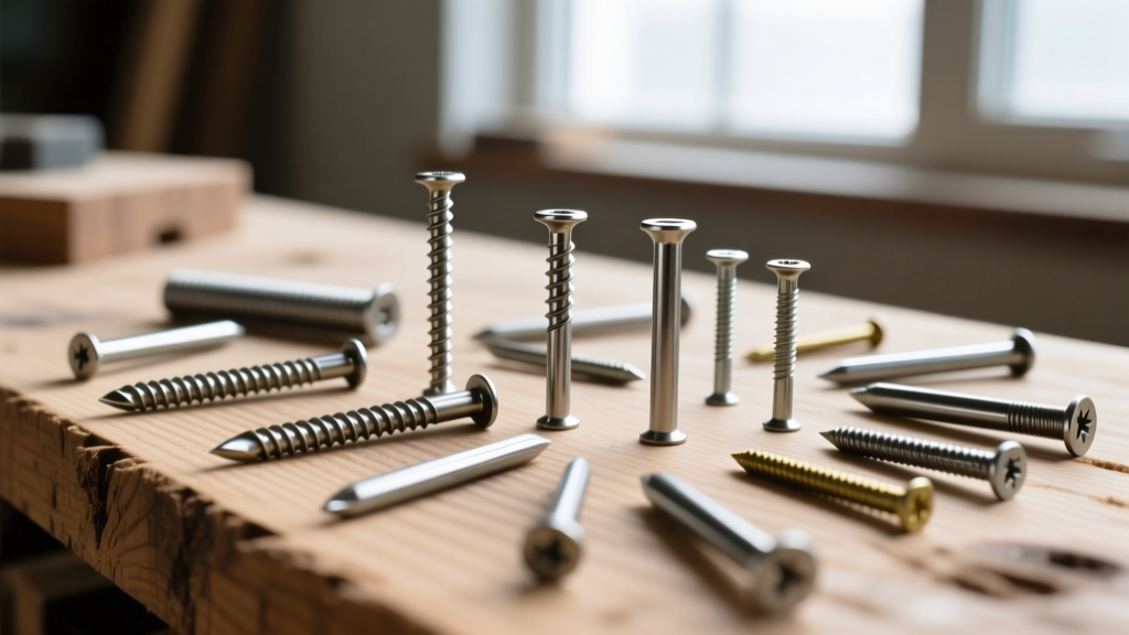 Close-up of various steel nail types including spiral shank framing nails and bright finish brads scattered on a raw pine workbench