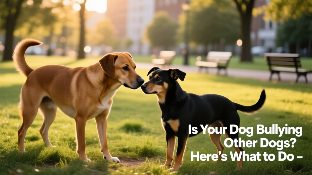 Two dogs playing at a park—one gently nudging the other while the second looks away, signaling discomfort