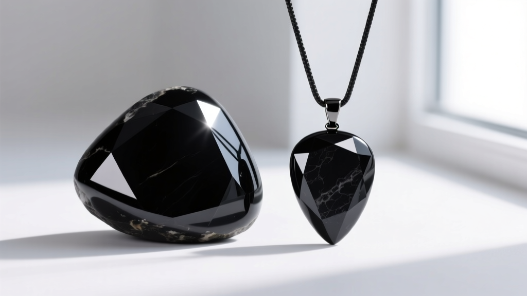 Macro shot of glossy black onyx beside a matte jet raven pendant, showing the distinct surface reflections of each dark stone.