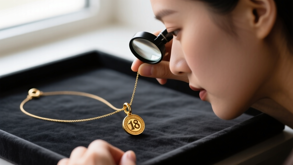 Jeweler inspecting the bail and 18-gauge jump ring of an 18k gold dangle necklace with a loupe on a dark velvet workbench.