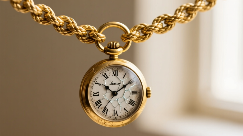 A heavy 16-gauge gold soldered jump ring connecting a vintage mechanical watch pendant to a thick rope chain necklace