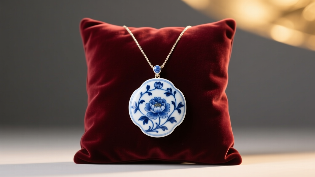 Blue and white porcelain china necklace pendant on velvet, showing intricate floral glaze details under soft warm studio lighting