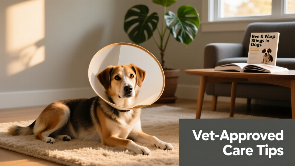Dog wearing a soft, well-fitted recovery cone while resting calmly indoors