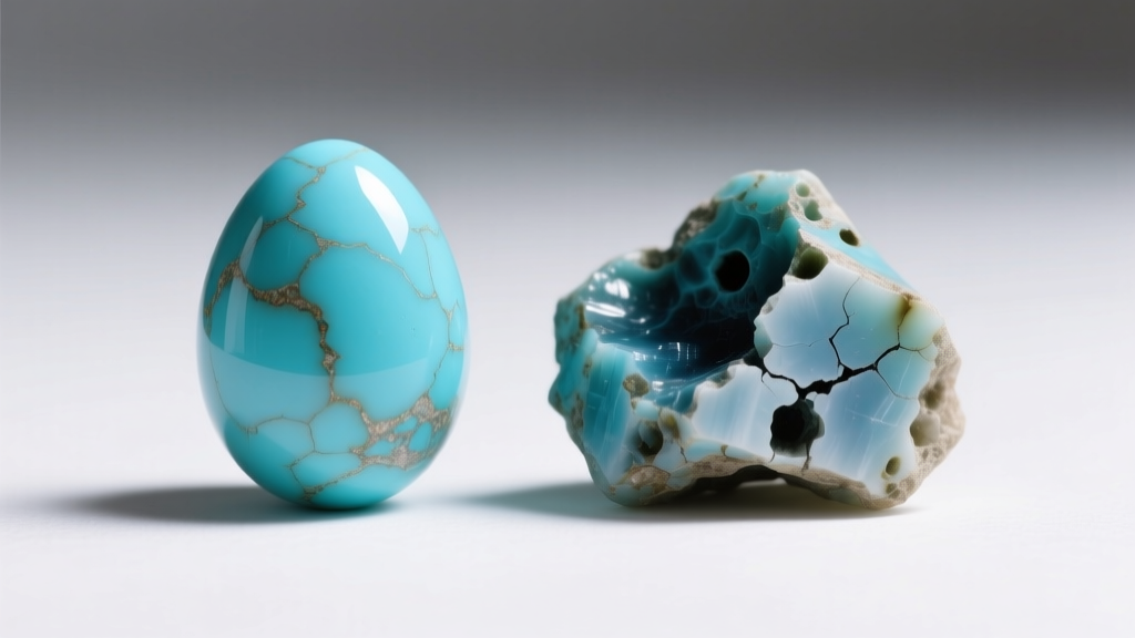 Macro comparison of a natural robin egg blue turquoise nugget beside a dyed howlite imitation showing dark dye in cracks.