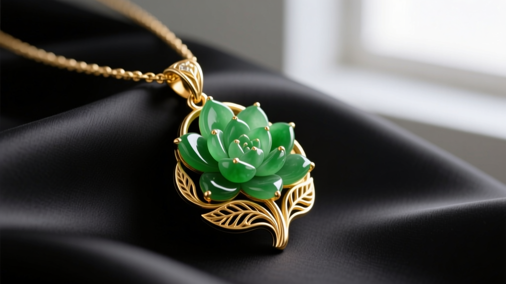 Macro shot of a 14k gold crassula jade necklace pendant featuring carved green nephrite succulent leaves resting on dark silk.