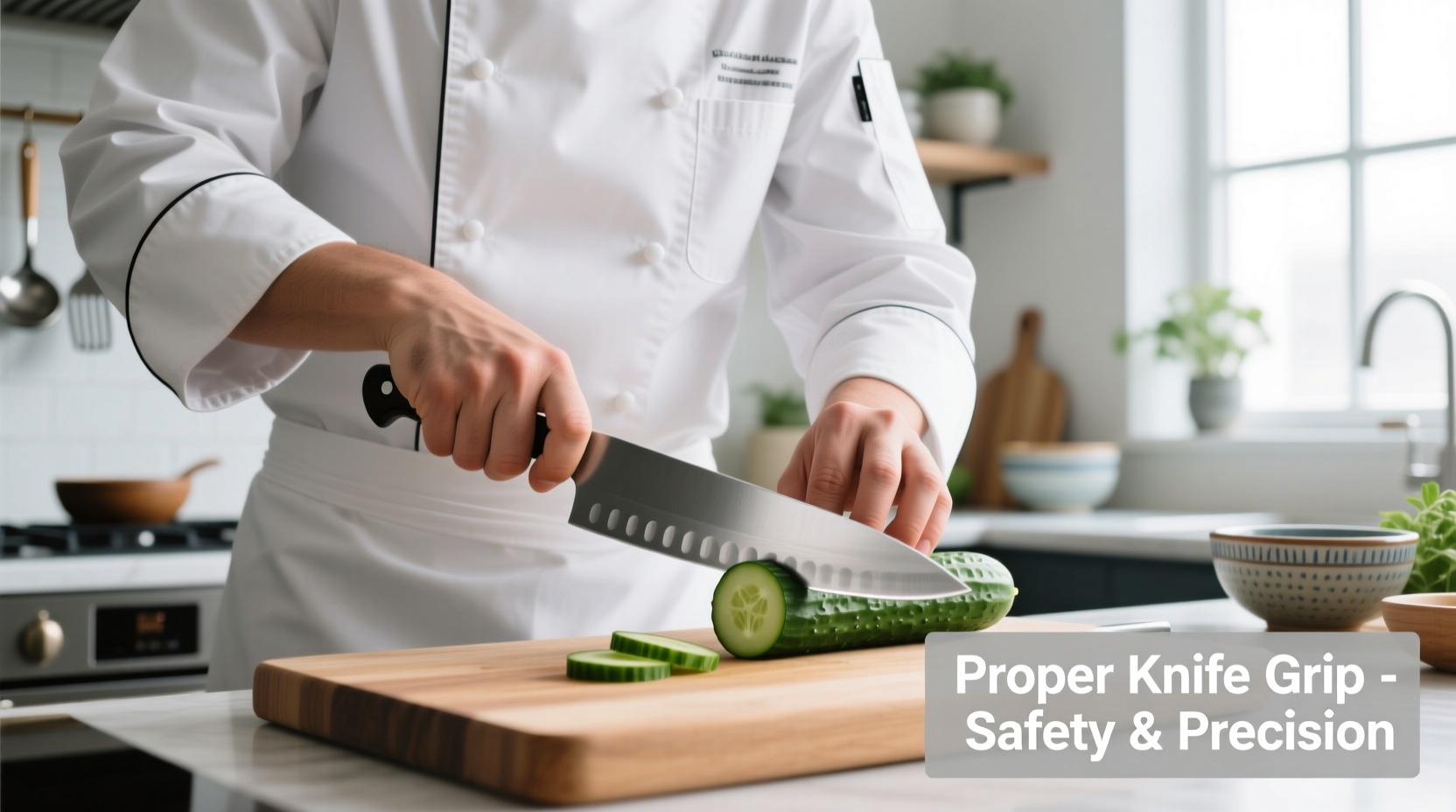 Chef demonstrating proper knife grip and cutting technique