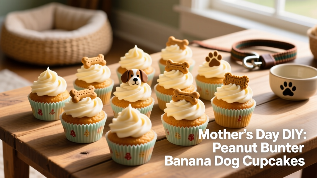 A dozen golden-brown peanut butter banana dog cupcakes in festive paper liners, topped with creamy frosting and a small dog treat