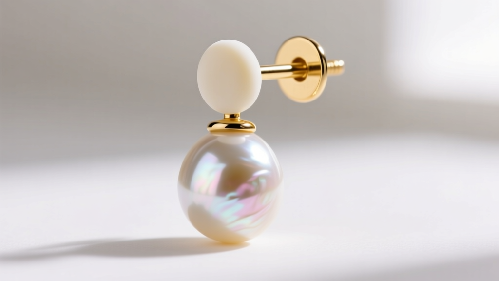 Macro shot of an 18-gauge 14k gold post with a jumbo silicone friction back, securing a heavy spherical Akoya pearl drop earring